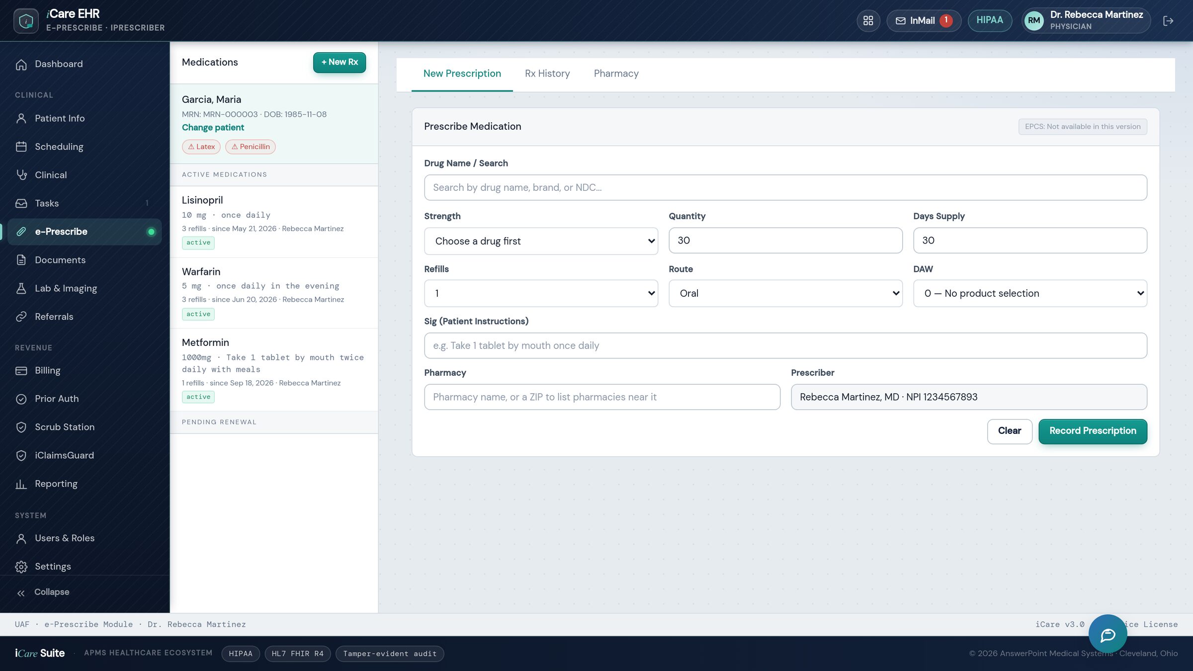 The e-Prescribe screen listing a patient's active medications.